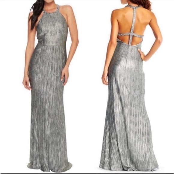 ADRIANNA PAPPEL NWT Crinkle Metallic Beaded Maxi Dress size 16 - Picture 1 of 12